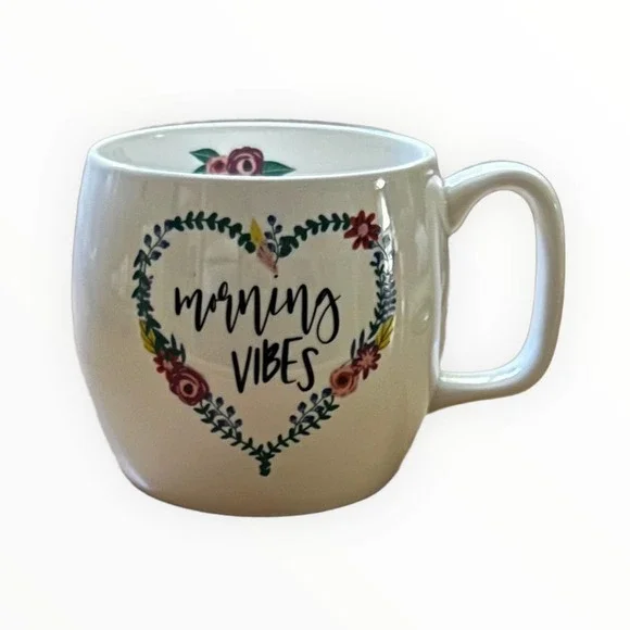 Opal House Morning Vibes White Ceramic Coffee Mug with Floral Heart Shape Design - Picture 2 of 9